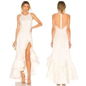 Bronx and Banco Paros Gown Silk Ruffle Hem Pearl Embellishments Bridal White XS